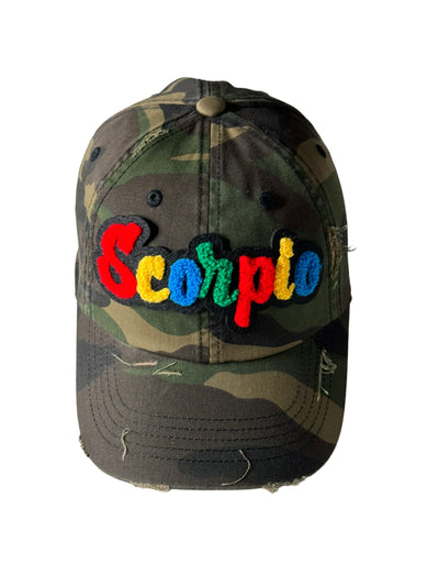 Scorpio Hat, Camouflage Print Distressed Dad Hat (Multi)