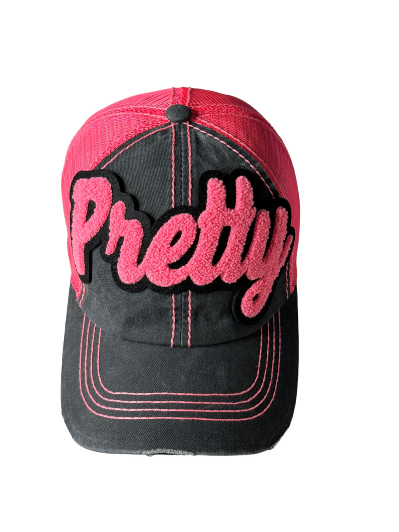 Pretty Distressed Trucker Hat with Mesh Back (Neon/Hot Pink)