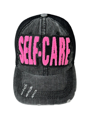 Self Care Distressed Trucker Hat (Pink)