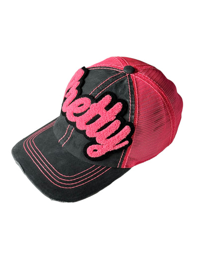 Pretty Distressed Trucker Hat with Mesh Back (Neon/Hot Pink)