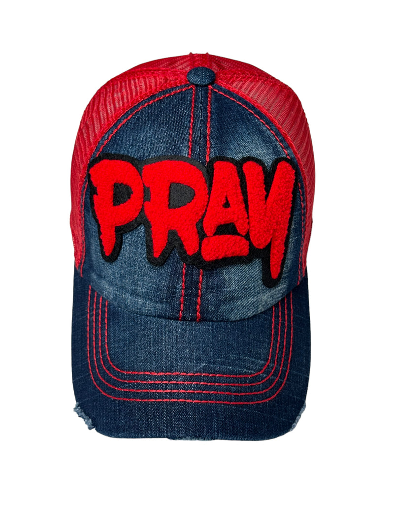Pray Hat, Distressed Trucker Hat with Red Mesh Back