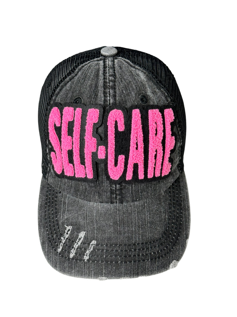 Self Care Distressed Trucker Hat (Pink)