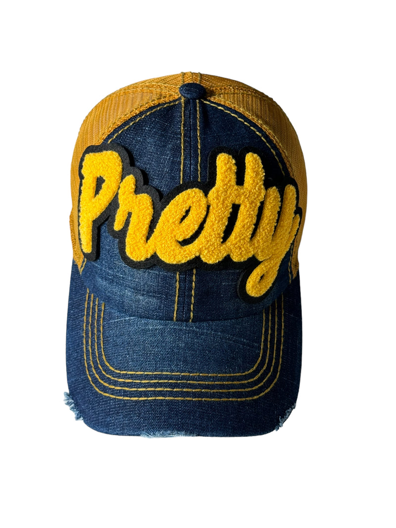 Pretty Distressed Trucker Hat with Mesh Back (Gold)