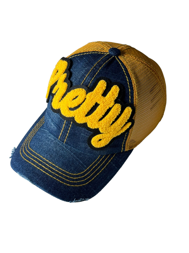 Pretty Distressed Trucker Hat with Mesh Back (Gold)