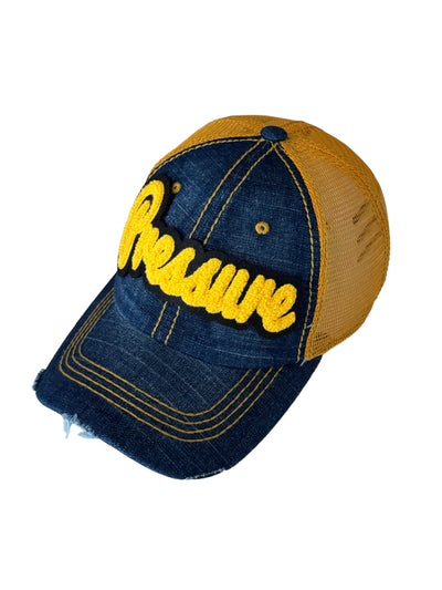 Pressure Hat, Distressed Trucker Hat with Gold Mesh Back