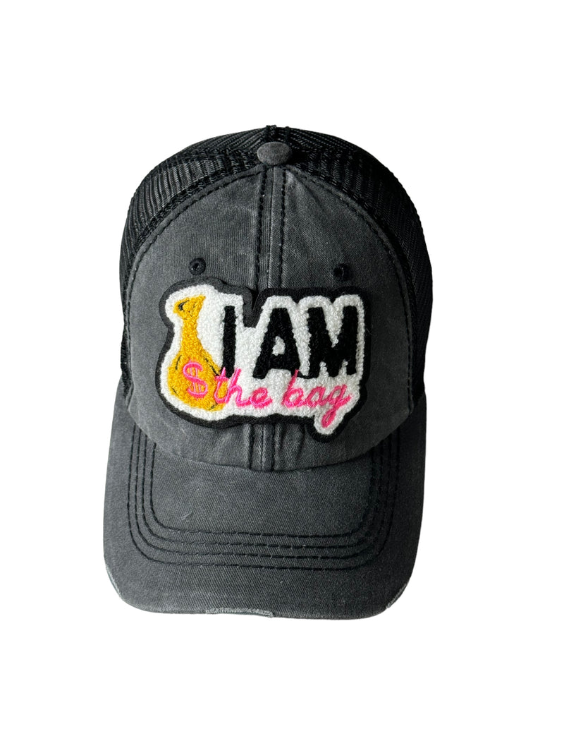 I AM The Bag Distressed Trucker Hat with Mesh Back (Hot Pink)