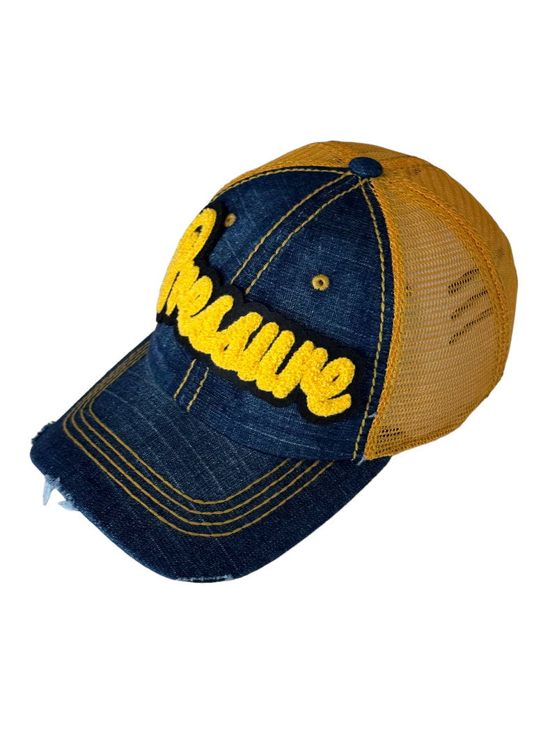 Pressure Hat, Distressed Trucker Hat with Gold Mesh Back
