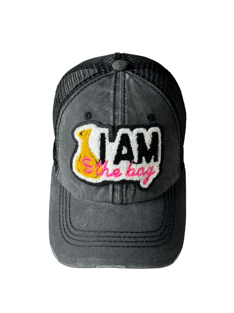 I AM The Bag Distressed Trucker Hat with Mesh Back (Hot Pink)