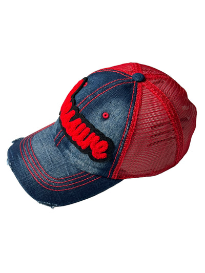 Pressure Hat, Distressed Trucker Hat with Red Mesh Back