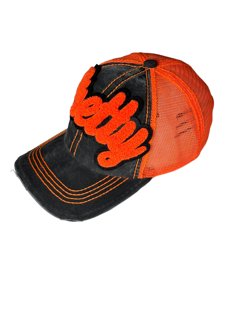 Pretty Distressed Trucker Hat with Mesh Back (Safety Orange)