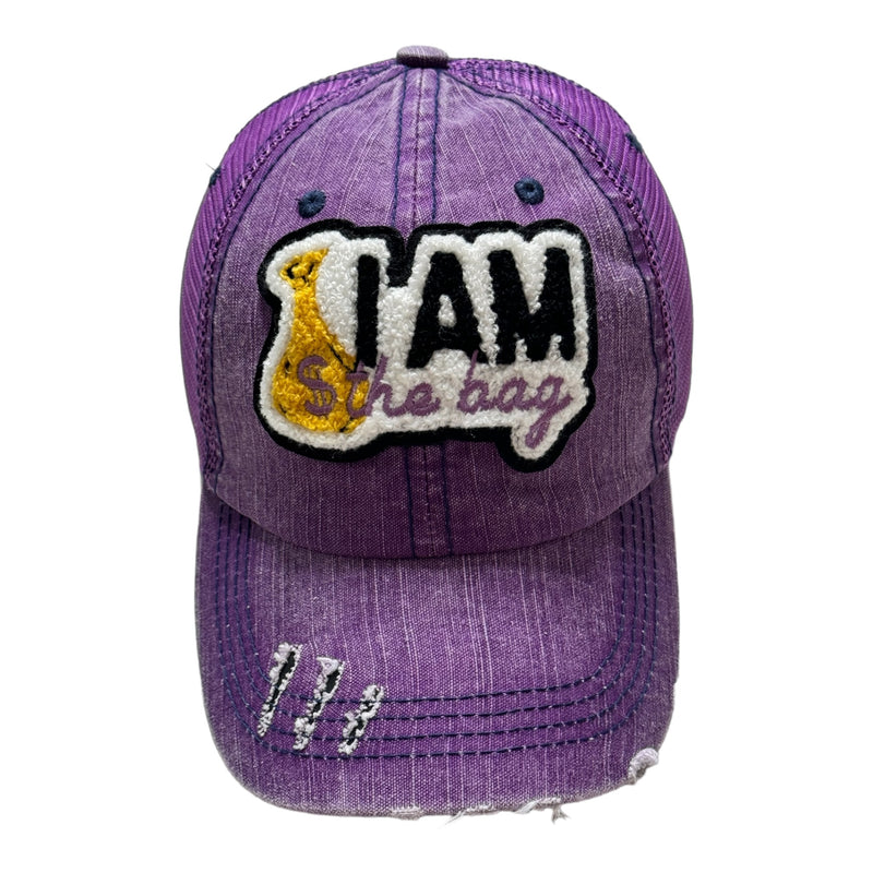 I AM The Bag Distressed Trucker Hat With Mesh Back (Purple)