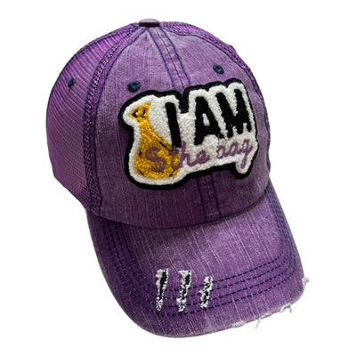 I AM The Bag Distressed Trucker Hat With Mesh Back (Purple)