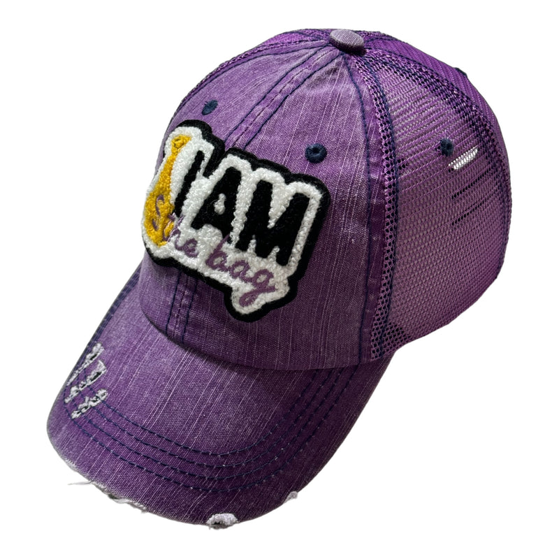 I AM The Bag Distressed Trucker Hat With Mesh Back (Purple)