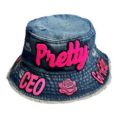 Remixed Distressed Denim Pretty Bucket Hat (Hot Pink)