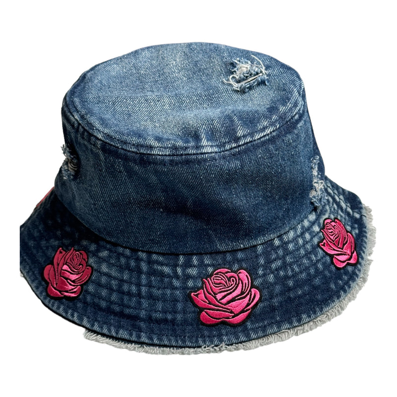 Remixed Distressed Denim Pretty Bucket Hat (Hot Pink)