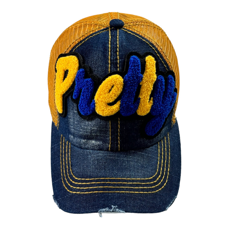 Pretty Distressed Trucker Hat With Mesh Back (Blue/Gold)