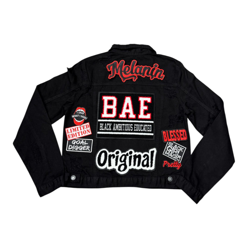 BAE Black Distressed Denim Jacket (M/L) with Exclusive Patches (RUNS SMALL) Please Allow 3 Weeks for Processing!