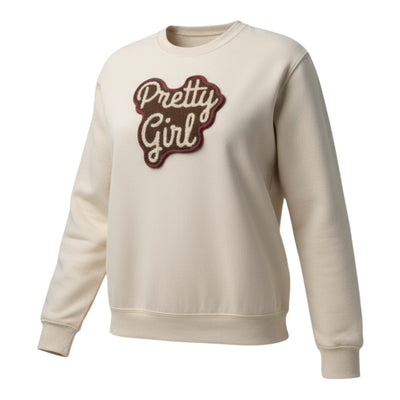 Beige sweatshirt with 'Pretty Girl' text on a white background