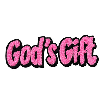 Pink text 'God's Gift' on a white background