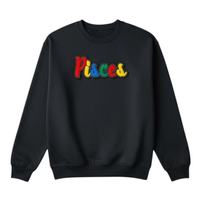 Black sweatshirt with 'Pisces' in colorful letters on a white background