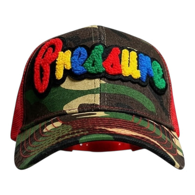 Camouflage cap with colorful 'Pressure' text on a white background