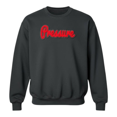 Black sweatshirt with red 'Pressure' text on a white background