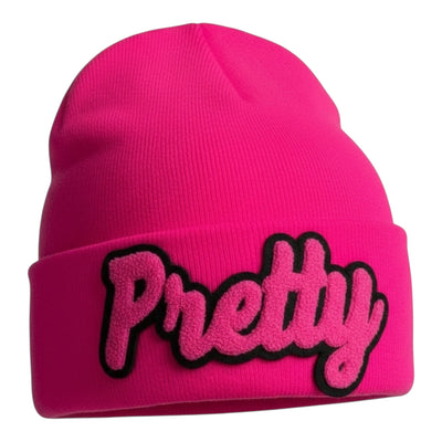 Pink beanie with 'Pretty' text on a white background