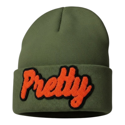 Green beanie with orange 'Pretty' patch on a white background