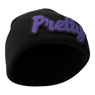 Black beanie with purple 'Pretty' text on a white background