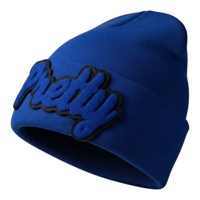 Royal blue beanie with blue Pretty logo on white background 