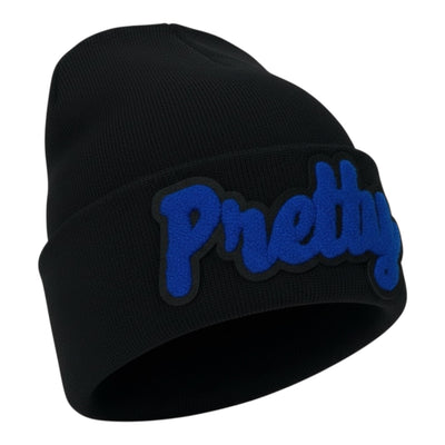 Black beanie with blue text on a white background
