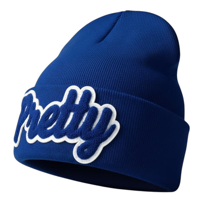 Blue beanie with white text on a white background