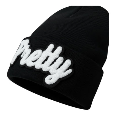 Black beanie with white text on a white background