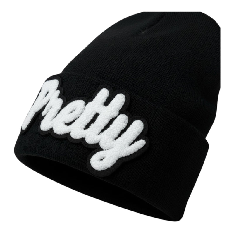 Black beanie with white text on a white background