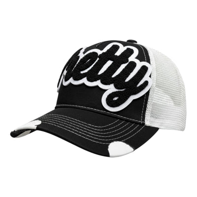 Black and white cap with 'Pretty' text on a white background