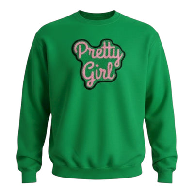Green sweatshirt with 'Pretty Girl' text on a white background