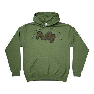 Green hoodie with 'Pretty' text on a white background