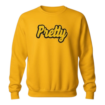 Yellow sweatshirt with the word 'Pretty' printed on it against a white background