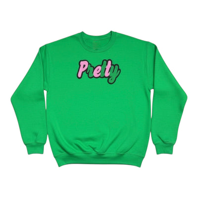 Green sweatshirt with 'Pretty' text on a white background