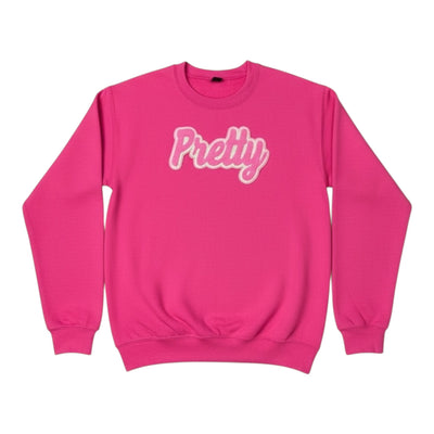 Pink sweatshirt with 'Pretty' text on a white background