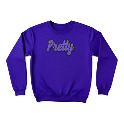 Purple sweatshirt with the word 'Pretty' on a white background