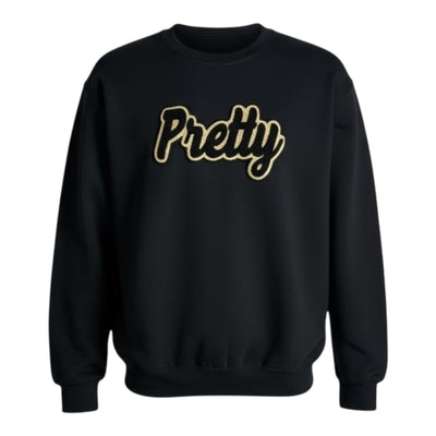 Black sweatshirt with 'Pretty' text in gold on a white background