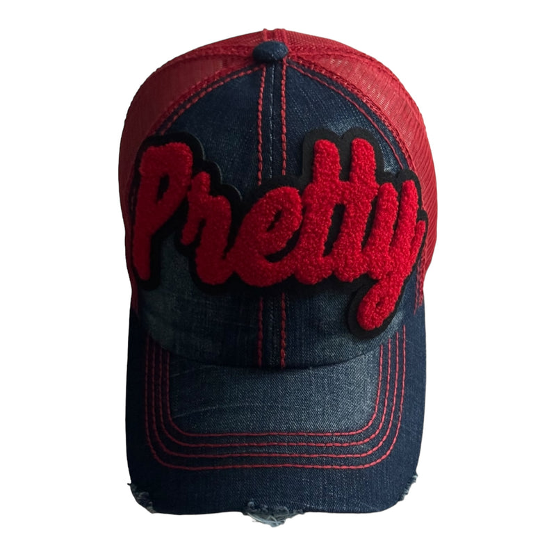 Pretty Trucker Hat With Red Mesh Back ( Denim/Red)