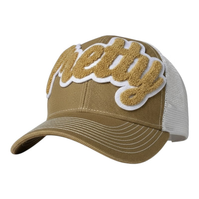 Brown cap with 'Pretty' text on a white background