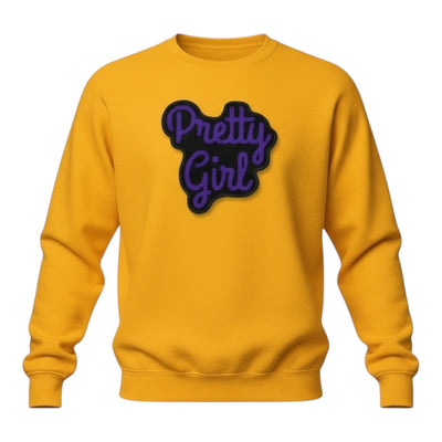 Yellow sweatshirt with 'Pretty Girl' text in purple and black on a white background