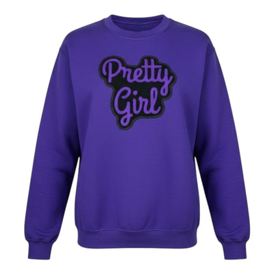 Purple sweatshirt with 'Pretty Girl' text on a white background