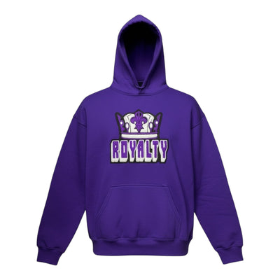 Purple hoodie with 'ROYALTY' text and crown graphic on a white background