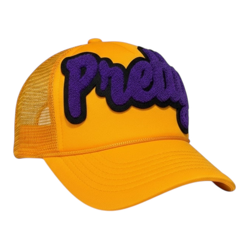 Yellow cap with purple and black text on a white background