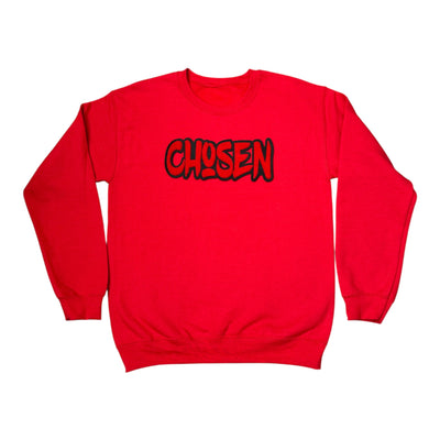 Red sweatshirt with 'CHosen' text on a white background