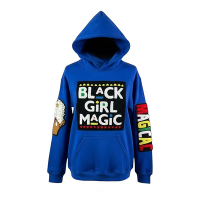 Blue hoodie with 'Black Girl Magic' text on a white background